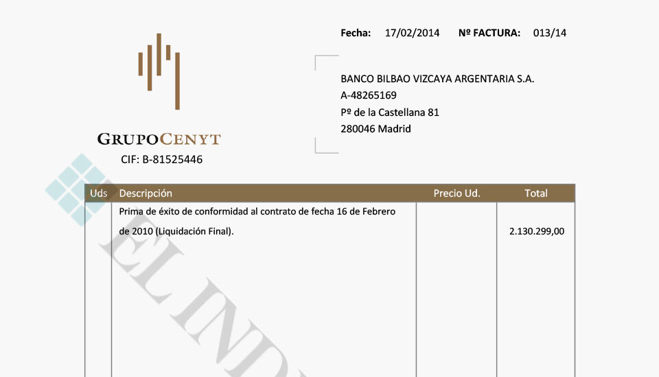 Factura con la que la empresa de Villarejo cobró una "prima" de 2,13 millones de euros.