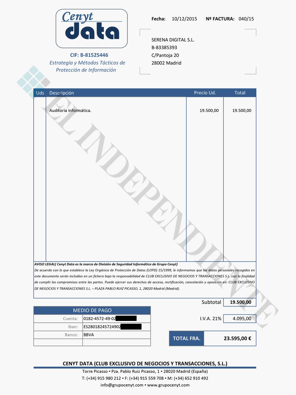 Factura de Cenyt Data a Serena Digital por una "auditoría informática".