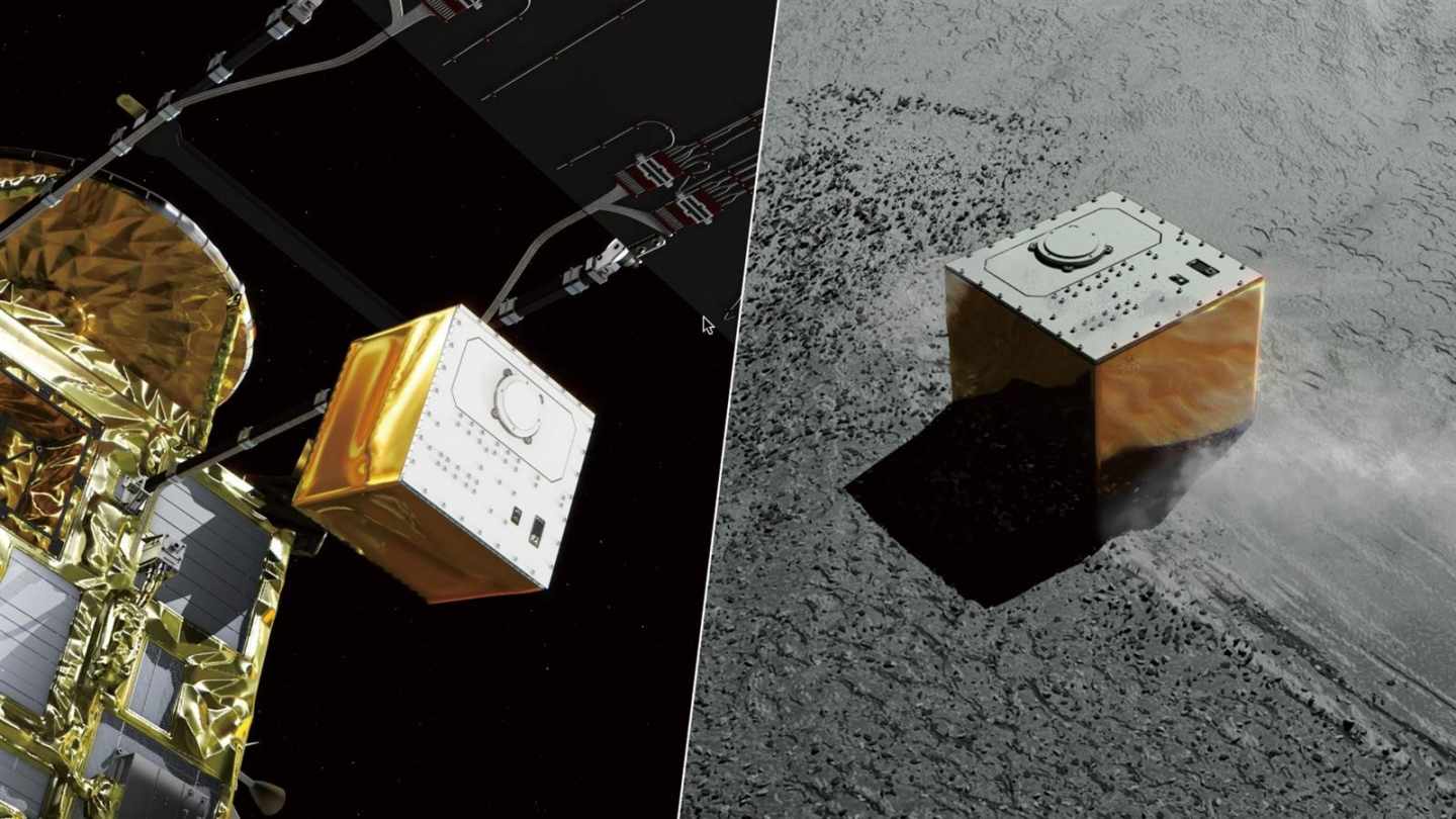 Rénder del aterrizador MASCOT sobre el asteroide Ryugu