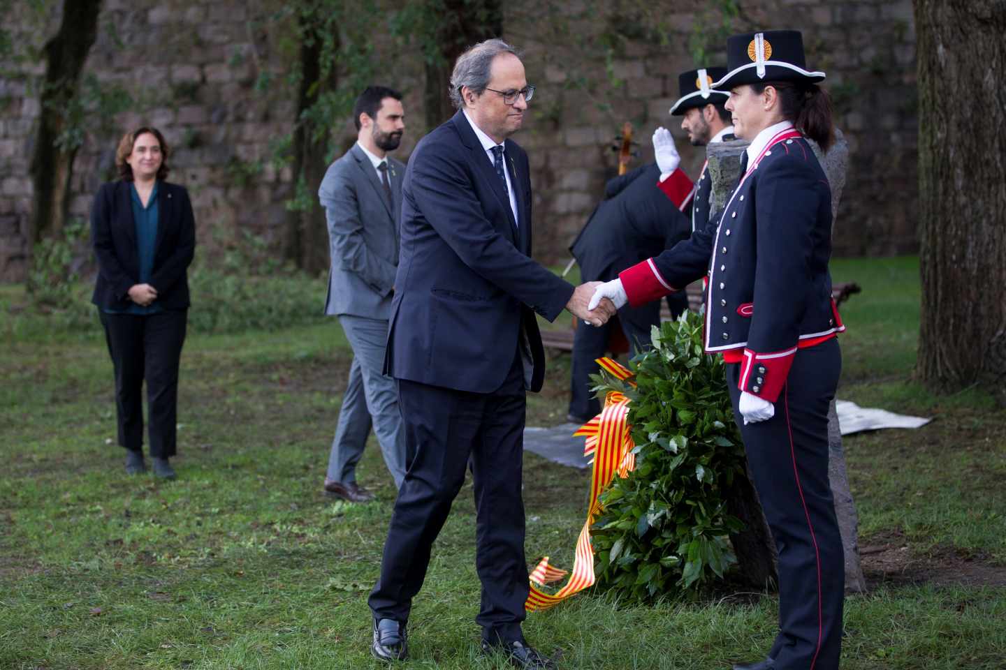 Quim Torra, Roger Torrent y Ada Colau, en los actos de conmemoración de Lluis Companys.