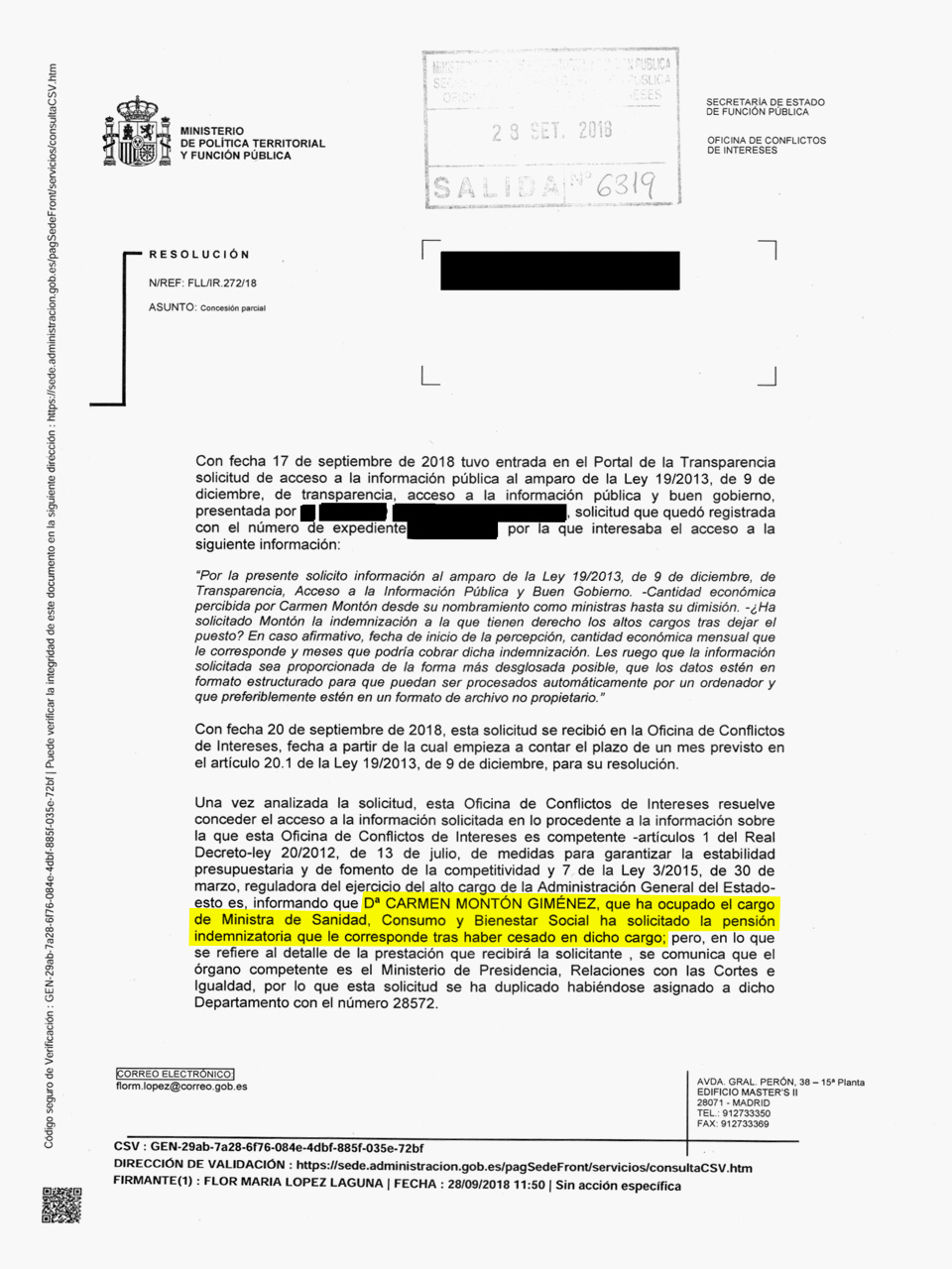 Contestación del Ministerio de Política Territorial y Función Pública confirmando la petición de la indemnización por parte de Montón.