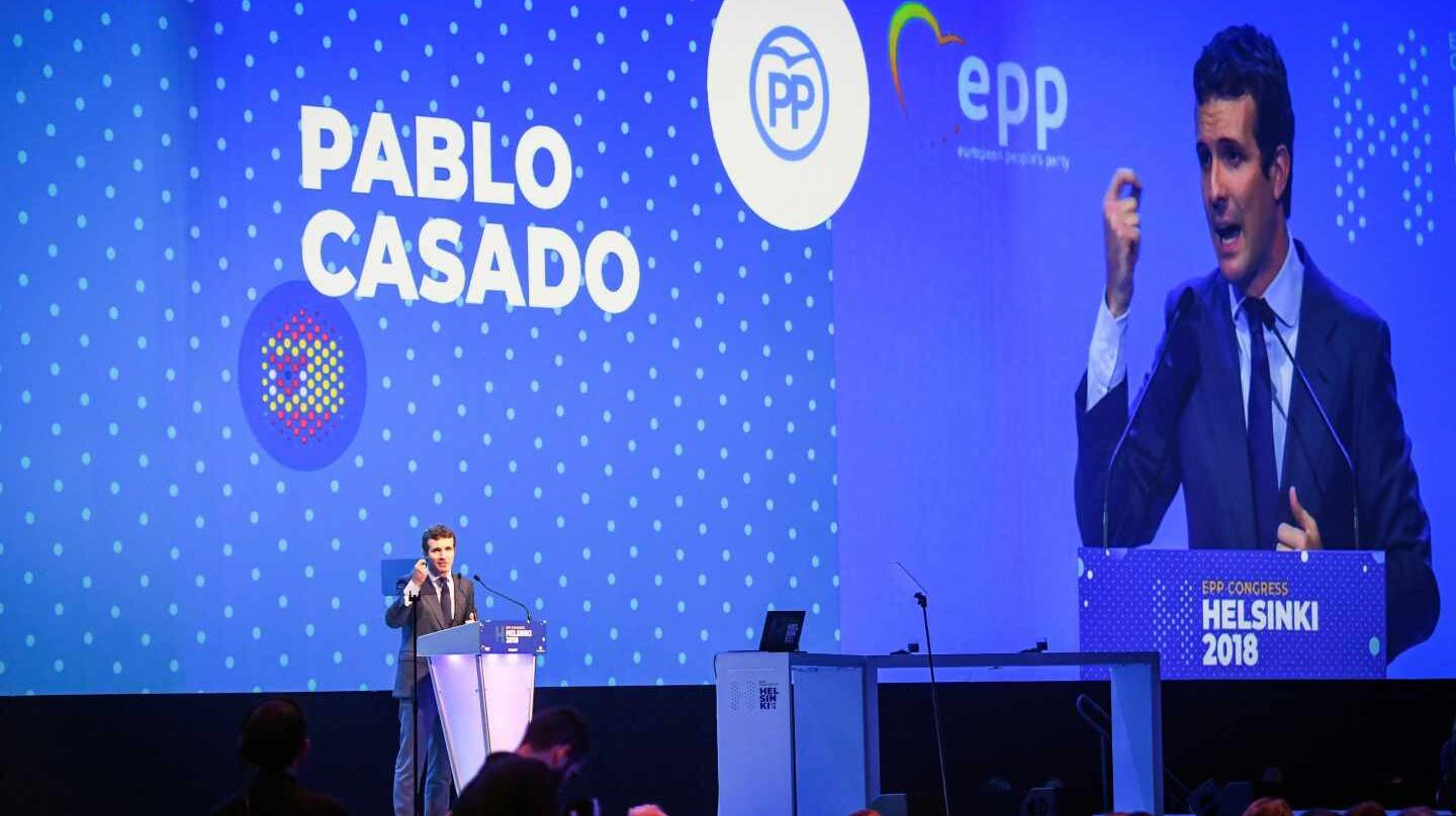 Casado durante su intervención de este miércoles en el congreso del PPE que se celebra en Helsinki (Finlandia)