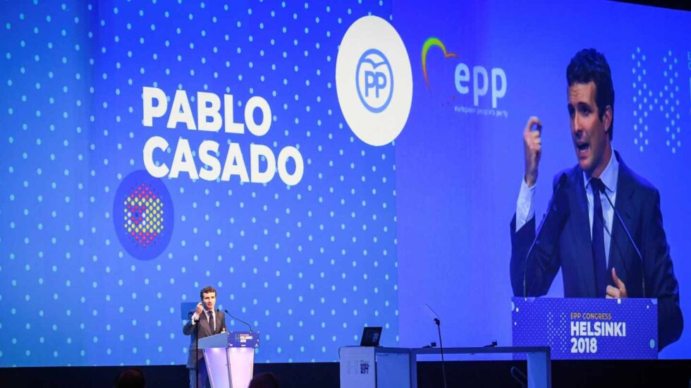 Casado durante su intervención de este miércoles en el congreso del PPE que se celebra en Helsinki (Finlandia)