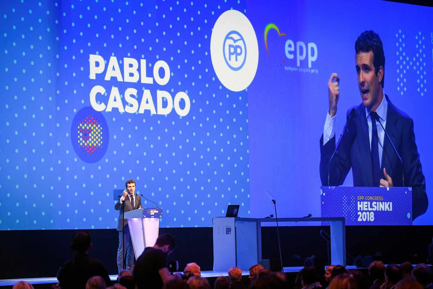 Casado durante su intervención de este miércoles en el congreso del PPE que se celebra en Helsinki (Finlandia)