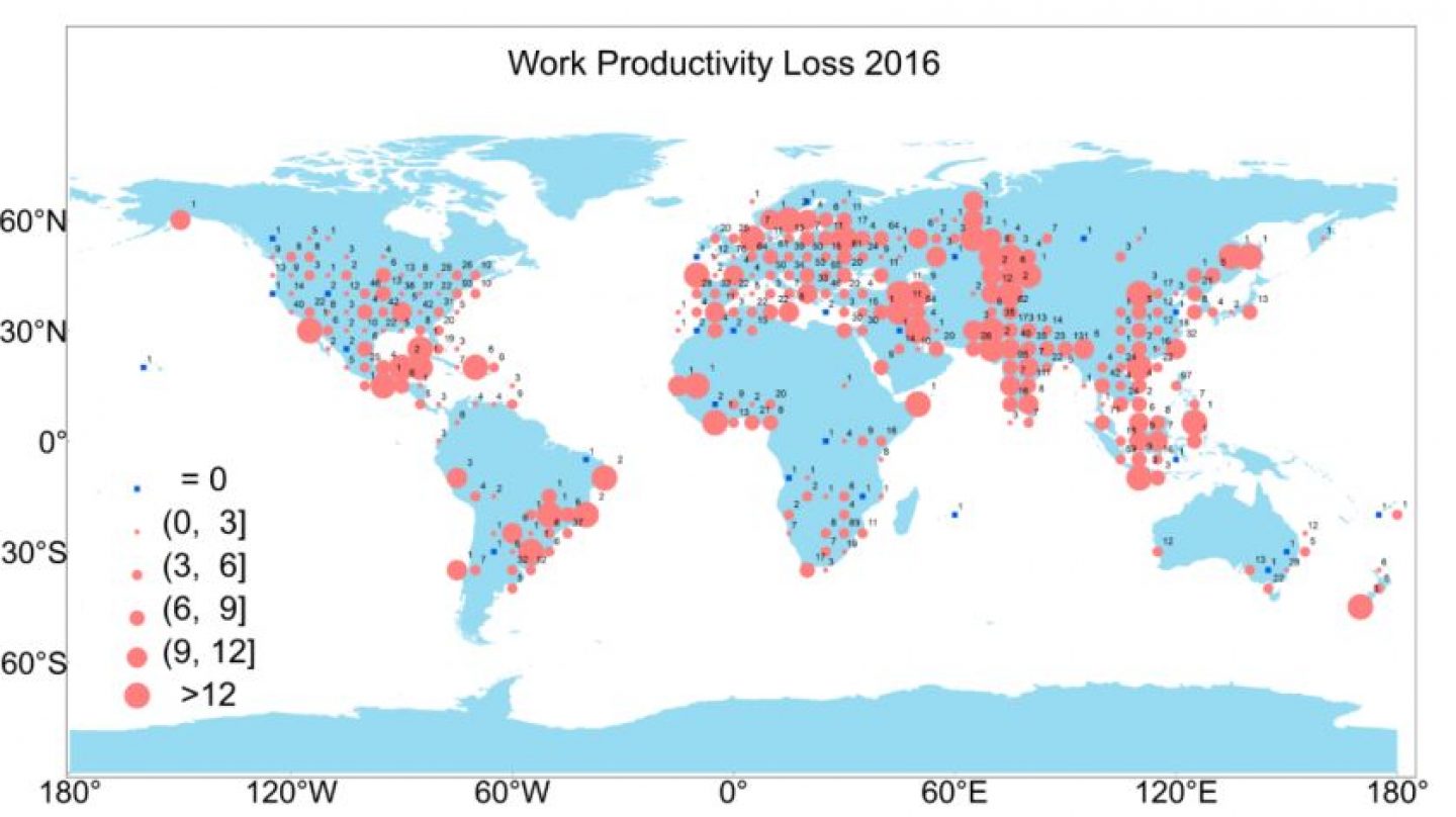 La pérdida de productividad relacionada con el calor (en días) para 2016 (YU Shuang)