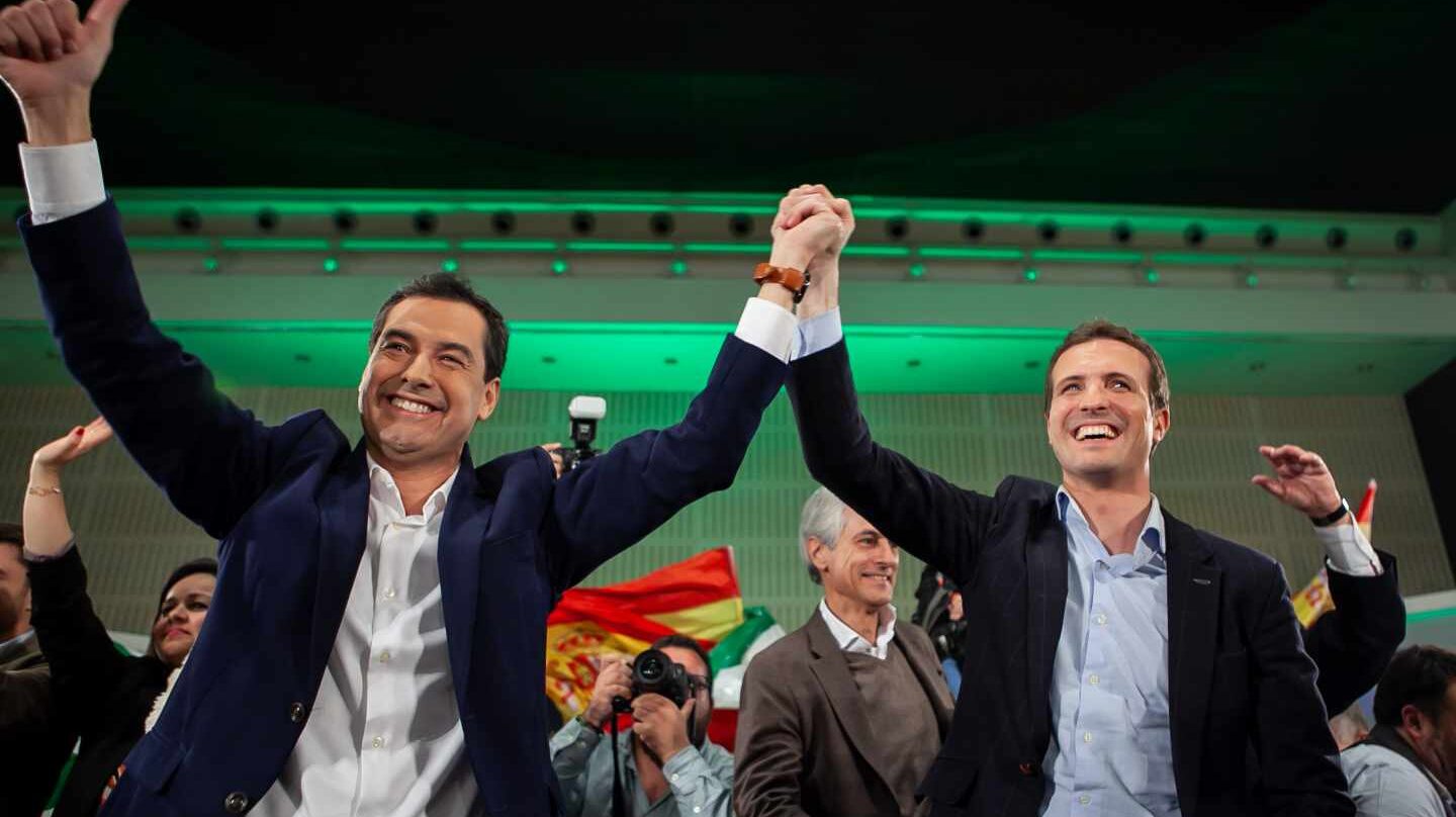 Mitin de cierre de campaña del candidato del PP-A a la Presidencia de la Junta, Juanma Moreno, junto al presidente del PP, Pablo Casado.