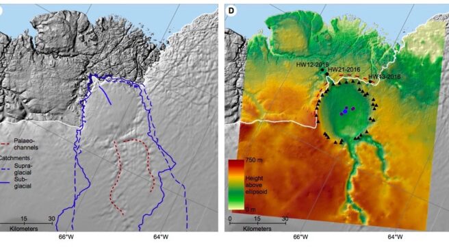 Glaciar Hiawatha, con la depresión propia de un cráter de meteorito Glaciar Hiawatha, con la depresión propia de un cráter de meteorito