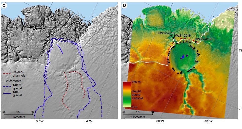 Glaciar Hiawatha, con la depresión propia de un cráter de meteorito