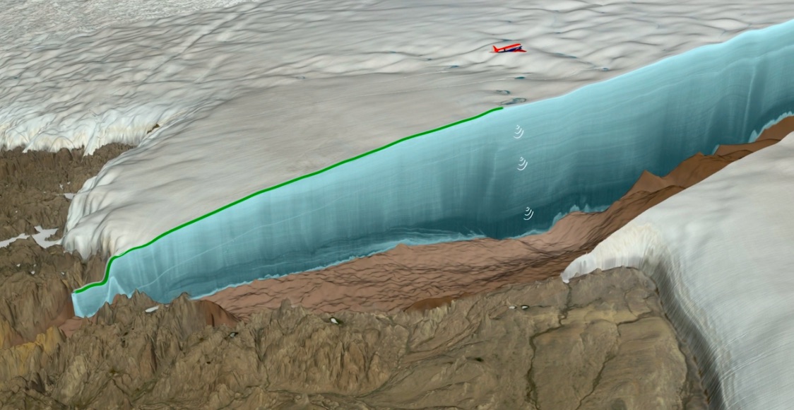 Recreación de un corte del hielo sobre el cráter en Groenlandia