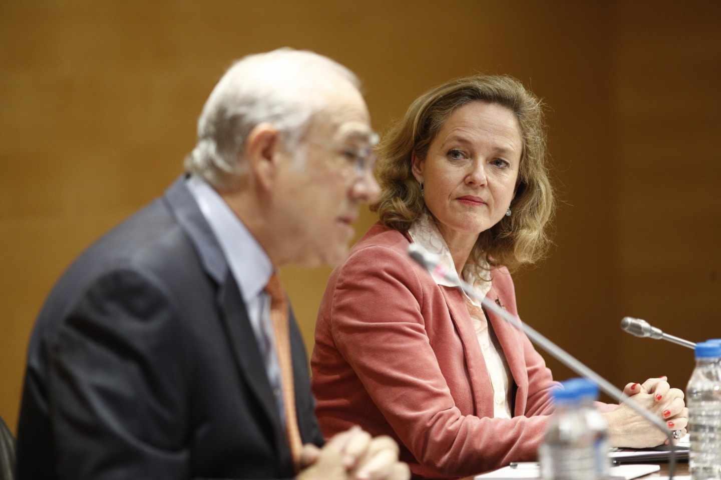 El secretario general de la OCDE, Ángel Gurría, y la ministra de Economía, Nadia Calviño, en la presentación del informe sobre España