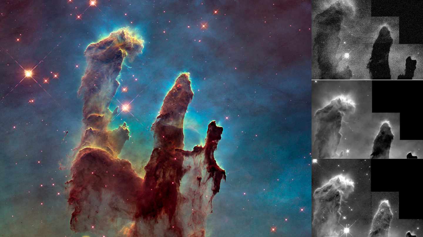 A la izda., la nebulosa de Los Pilares de la Creación, ya procesada. A la derecha, las tres tomas originales del telescopio que sirven para construir la imagen final