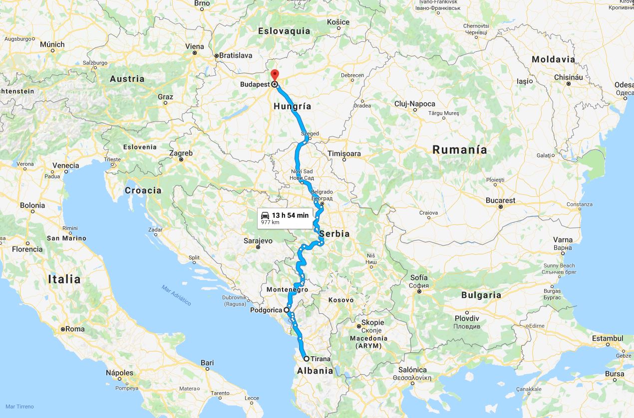 Posible ruta seguida por Gruevski, a través de Montenegro y Serbia, en su huida de Tirana a Budapest.