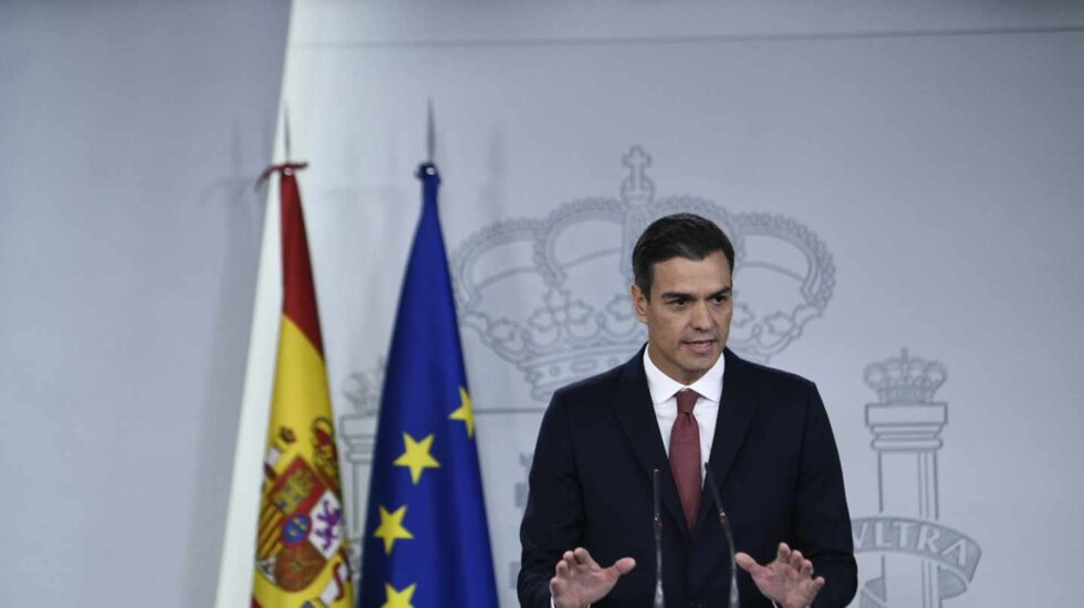 Pedro Sánchez, presidente del Gobierno, durante su comparecencia en Moncloa.