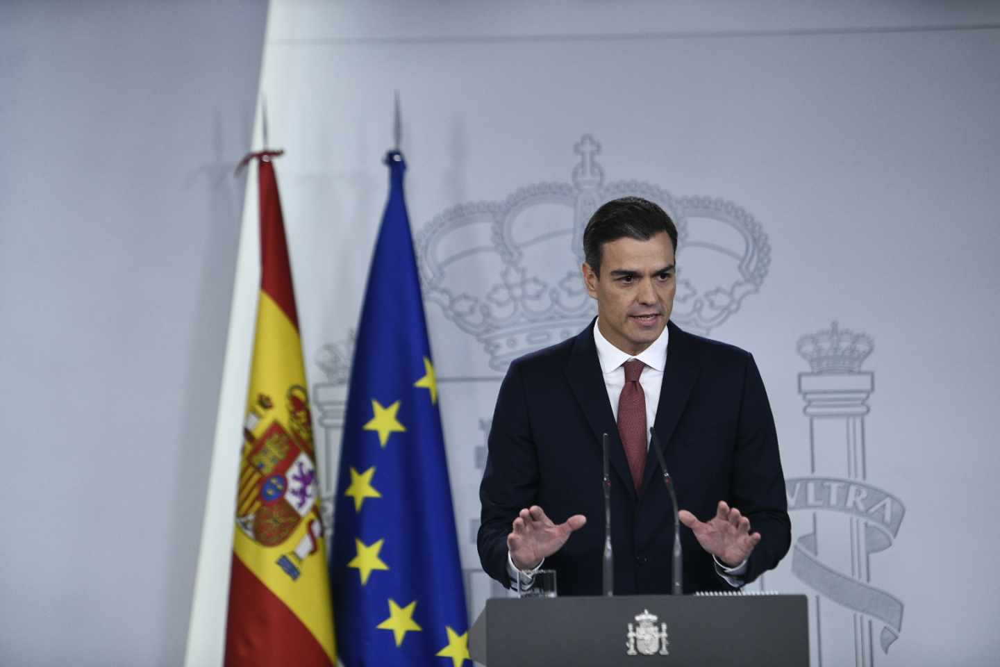 Pedro Sánchez, presidente del Gobierno, durante su comparecencia en Moncloa.