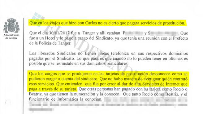 El líder de la UFP reconoce que el sindicato pagó a prostitutas pero no sabe cómo ocurrió Acta de la declaración de Víctor Duque ante la juez que instruye el caso.