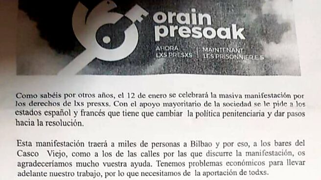 Carta remitida a los locales hosteleros de Bilbao.