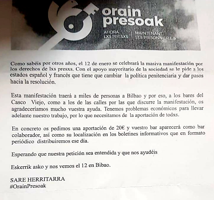 Carta remitida a los locales hosteleros de Bilbao.