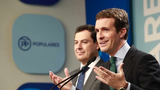 El presidente del PP, Pablo Casado, junto al candidato del PP a la Junta, Juanma Moreno. El presidente del PP, Pablo Casado, junto al candidato del PP a la Junta, Juanma Moreno.