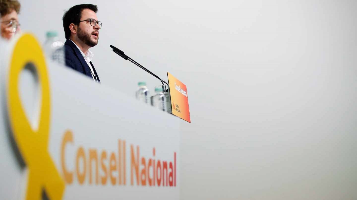 El vicepresidente del Govern y adjunto a la presidencia de ERC, Pere Aragonés, durante su intervención en el consell nacional de ERC, hoy en Barcelona.