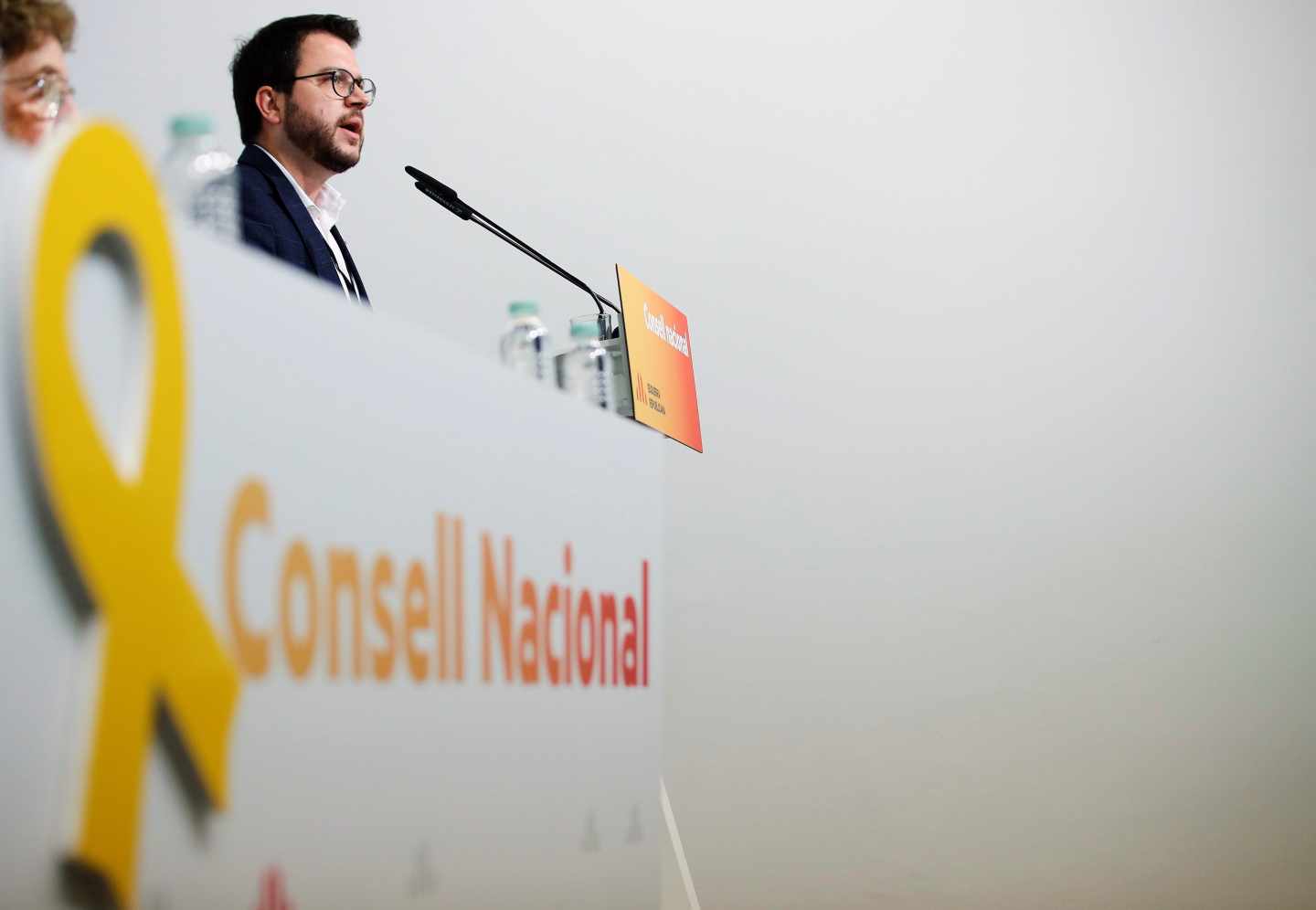 El vicepresidente del Govern y adjunto a la presidencia de ERC, Pere Aragonés, durante su intervención en el consell nacional de ERC, hoy en Barcelona.