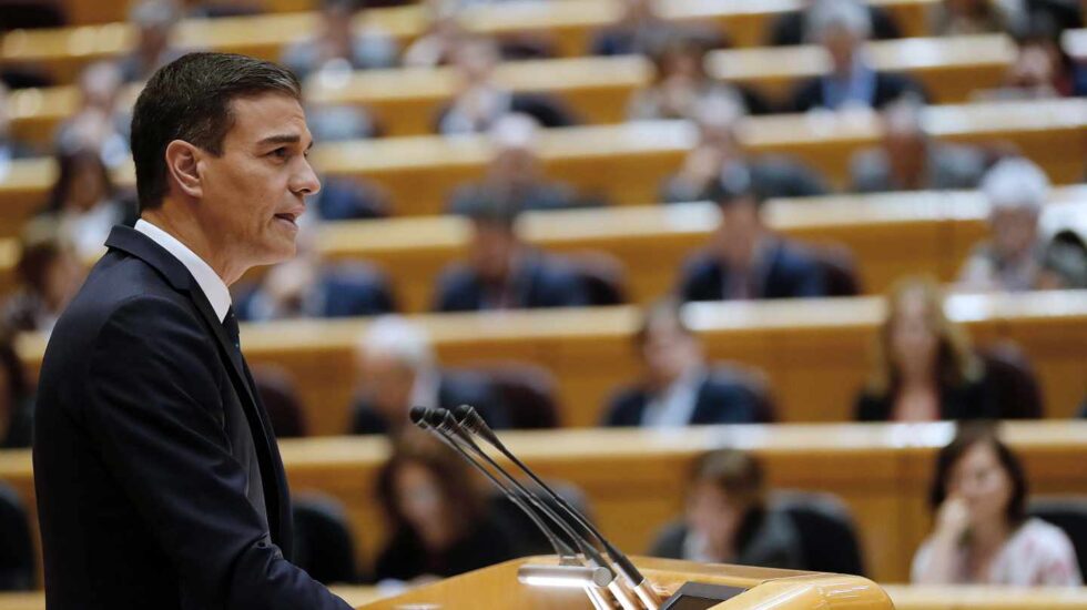 Pedro Sánchez durante su comparecencia en el Senado.