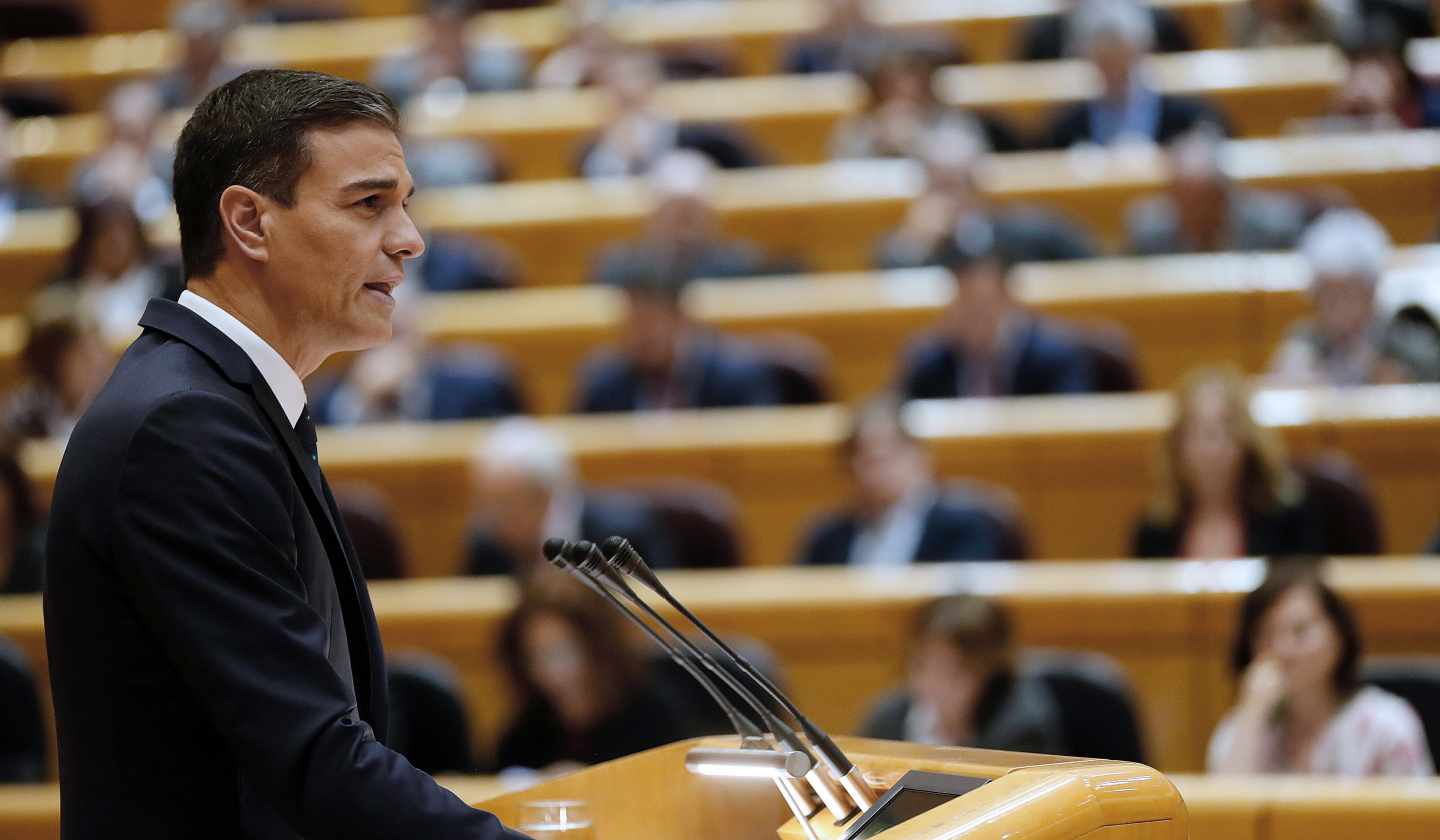 Pedro Sánchez durante su comparecencia en el Senado.