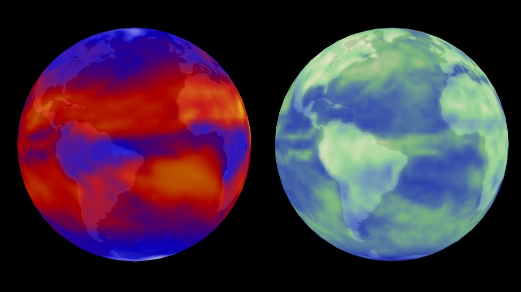 La Tierra, vista desde un satélite, emitiendo radiación infrarroja (izquierda) y reflejando la del sol (derecha).