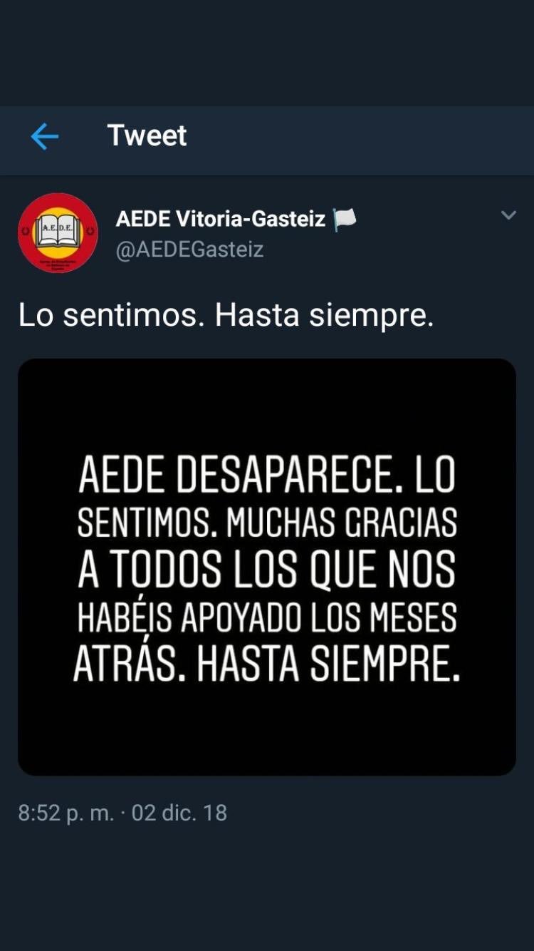 Comunicado de disolución emitido a través de las redes por AEDE.