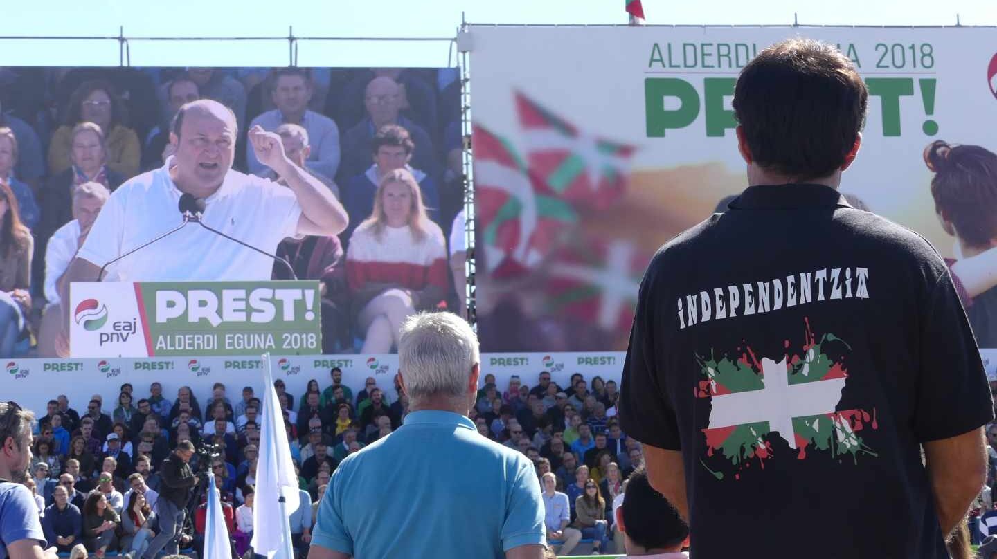 El presidente del PNV, Andoni Ortuzar, durante su intervenión en el pasado 'Alderdi Eguna' (Día del partido).