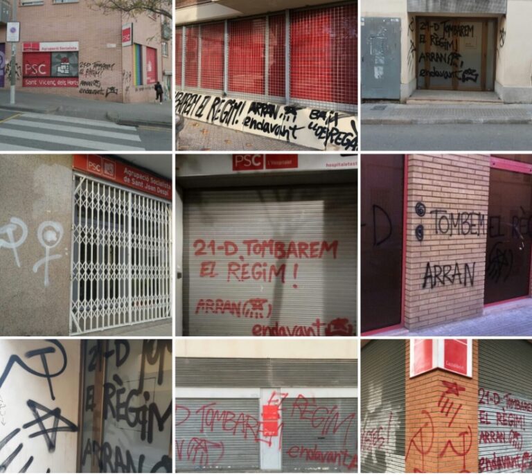 Los cachorros de la CUP pintan 14 sedes del PSC llamando a "tumbar el régimen"