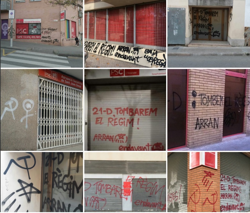 Los cachorros de la CUP pintan 14 sedes del PSC llamando a "tumbar el régimen"