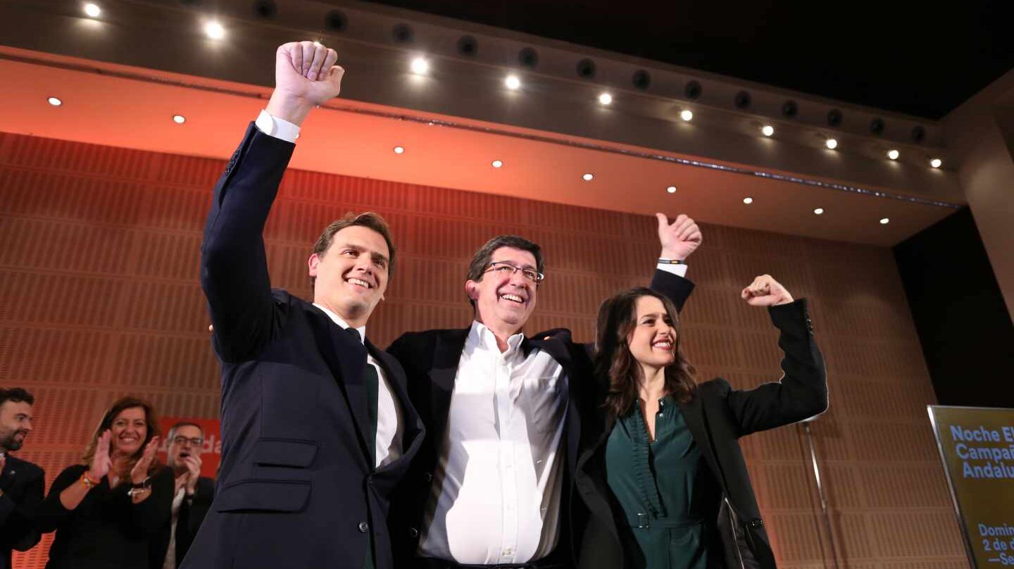 Albert Rivera, Juan Marín e Inés Arrimadas, celebrando el resultado electoral en Andalucía.