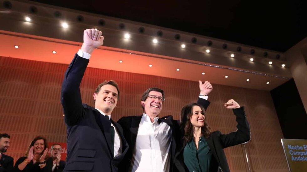 Albert Rivera, Juan Marín e Inés Arrimadas, celebrando el resultado electoral en Andalucía.