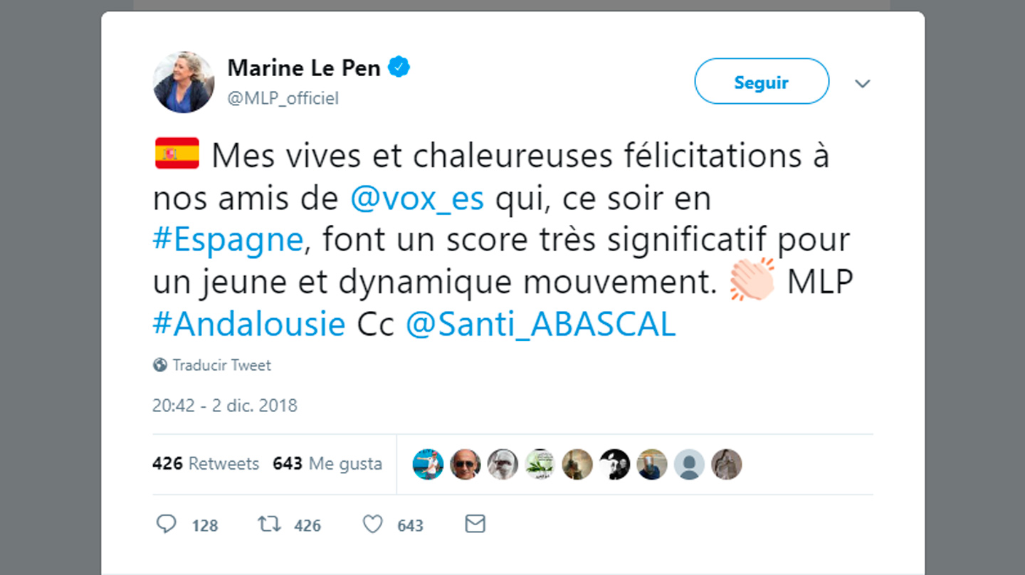 Marine Le Pen felicita a Vox por sus resultados en Andalucía