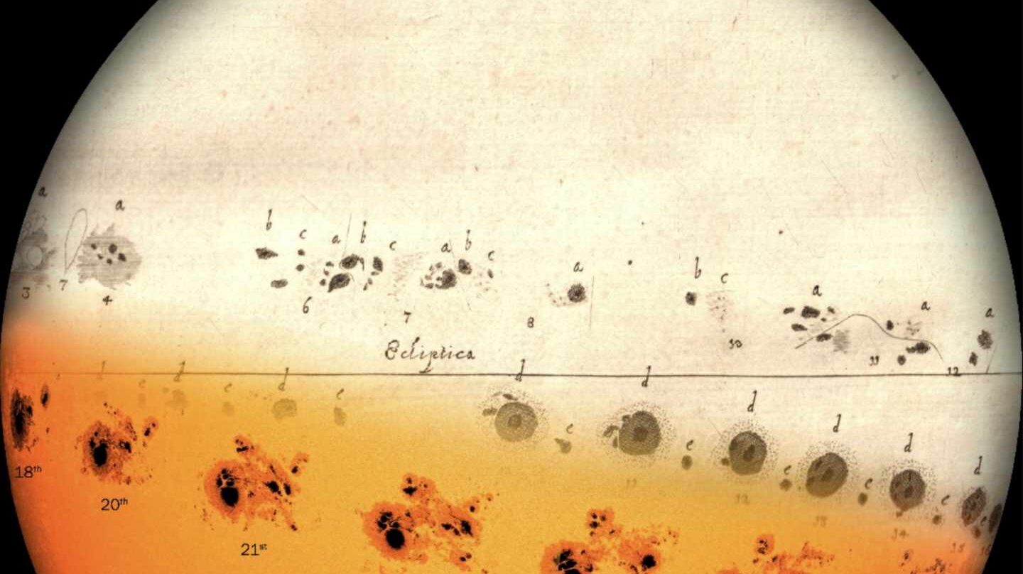 Dibujo de manchas de Hevelius en 1644 y de NASA de 2014