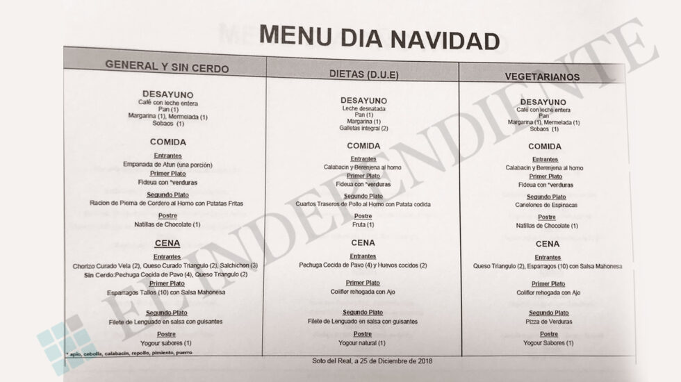 Detalle del menú que se servirá en Navidad en la prisión de Soto del Real, donde cumplen condena Rato y Bárcenas.