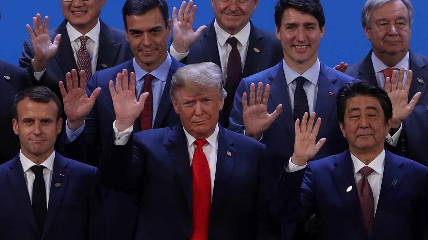 Pedro Sánchez, junto a Emmanuel Macron, Justin Trudeau y Donald Trump, entre otros dirigentes internacionales.
