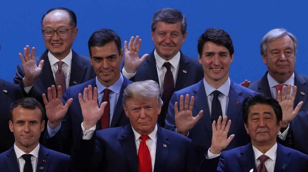 Pedro Sánchez, junto a Emmanuel Macron, Justin Trudeau y Donald Trump, entre otros dirigentes internacionales.