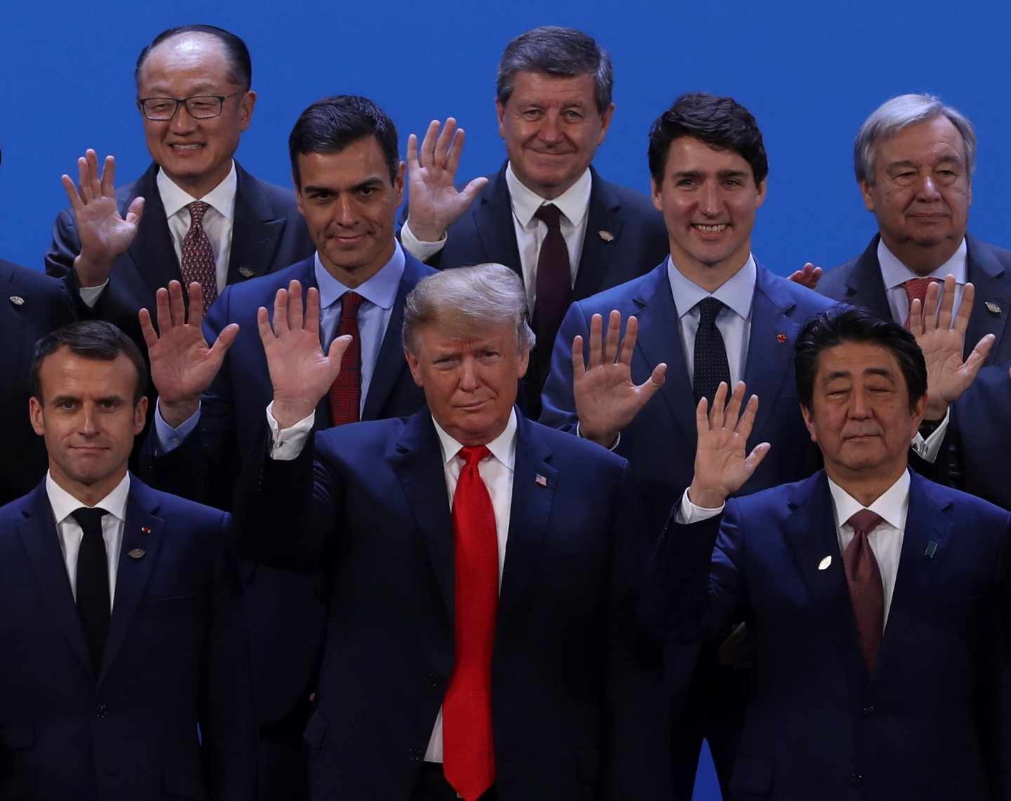 Pedro Sánchez, junto a Emmanuel Macron, Justin Trudeau y Donald Trump, entre otros dirigentes internacionales.