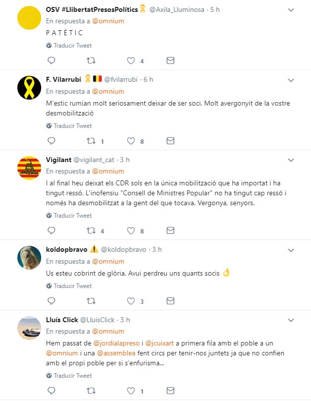 Respuestas de usuarios a los tweets de Òmnium sobre su particular consejo de ministros popular.