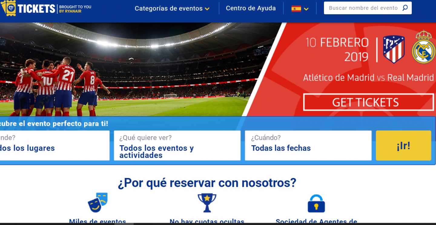 Imagen de la web Ryanair Tickets con entradas para el partido Atlético de Madrid-Real Madrid a la venta.