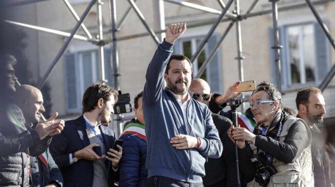 Matteo Salvini, durante un acto de la Liga Norte en la Piazza del Popolo, en Roma.