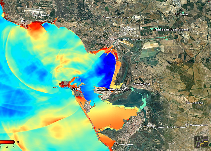 Modelado matemático de una ola gigante en Cádiz. En rojo, olas de 5 m.