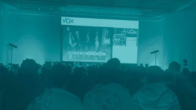 Militantes de Vox envueltos en la bandera de España