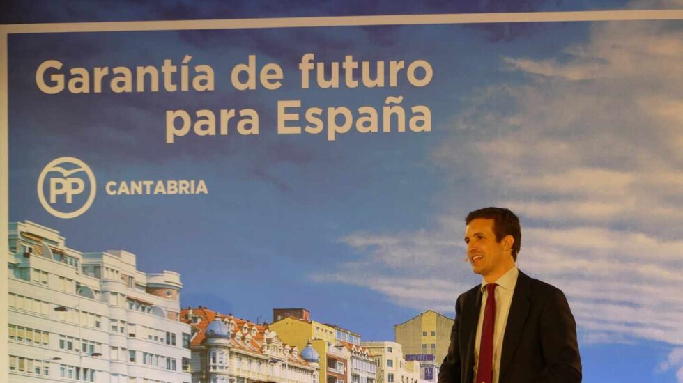 El presidente del PP, Pablo Casado, durante el acto de este mediodía en Santander.