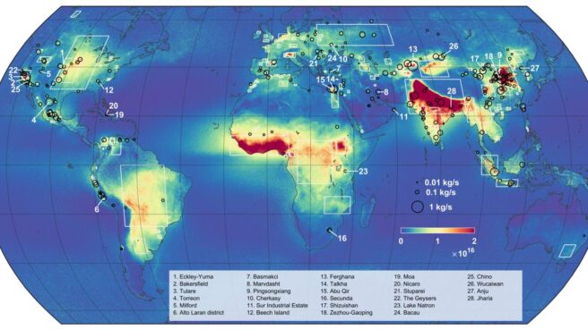 El mapa de concentraciones de amoniaco en atmósfera refleja 242 fuentes puntuales (círculos negros) y 178 zonas de emisión más grandes (rectángulos blancos).