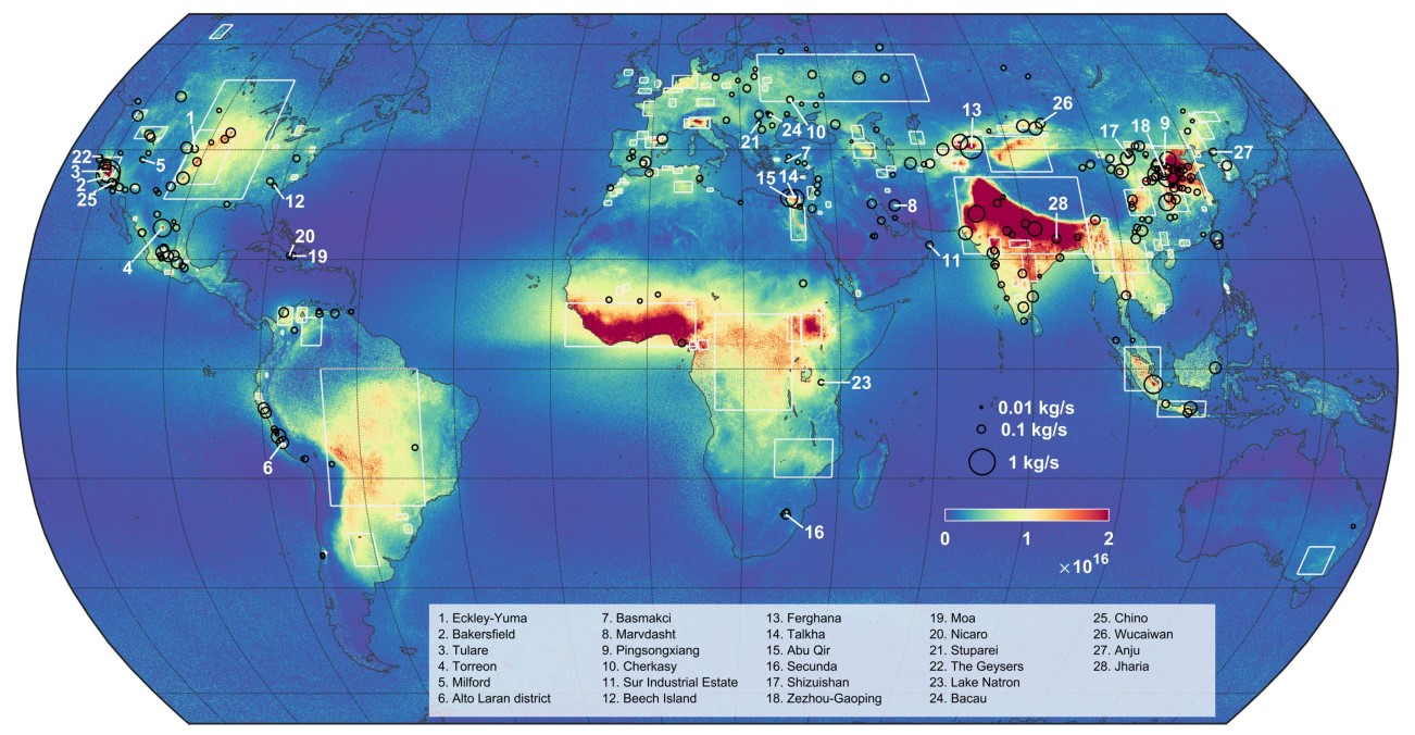 El mapa de concentraciones de amoniaco en atmósfera refleja 242 fuentes puntuales (círculos negros) y 178 zonas de emisión más grandes (rectángulos blancos).