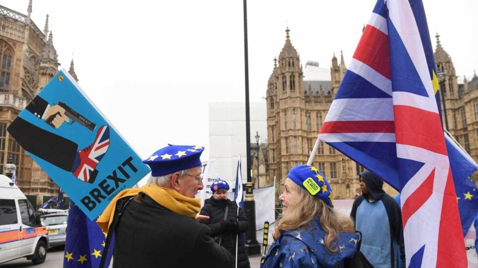 Un grupo de manifestantes pro europeístas ante el Parlamento británico.