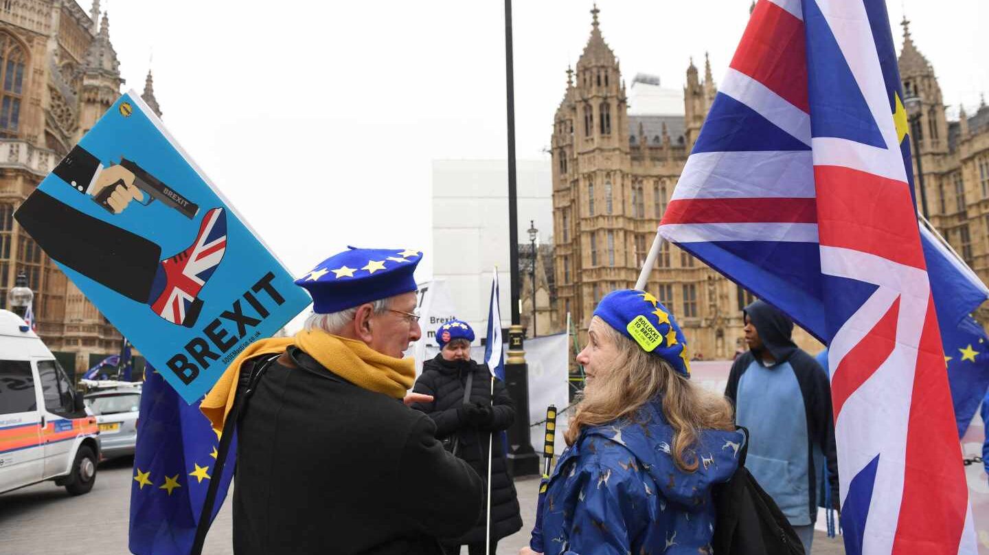 Un grupo de manifestantes pro europeístas ante el Parlamento británico.