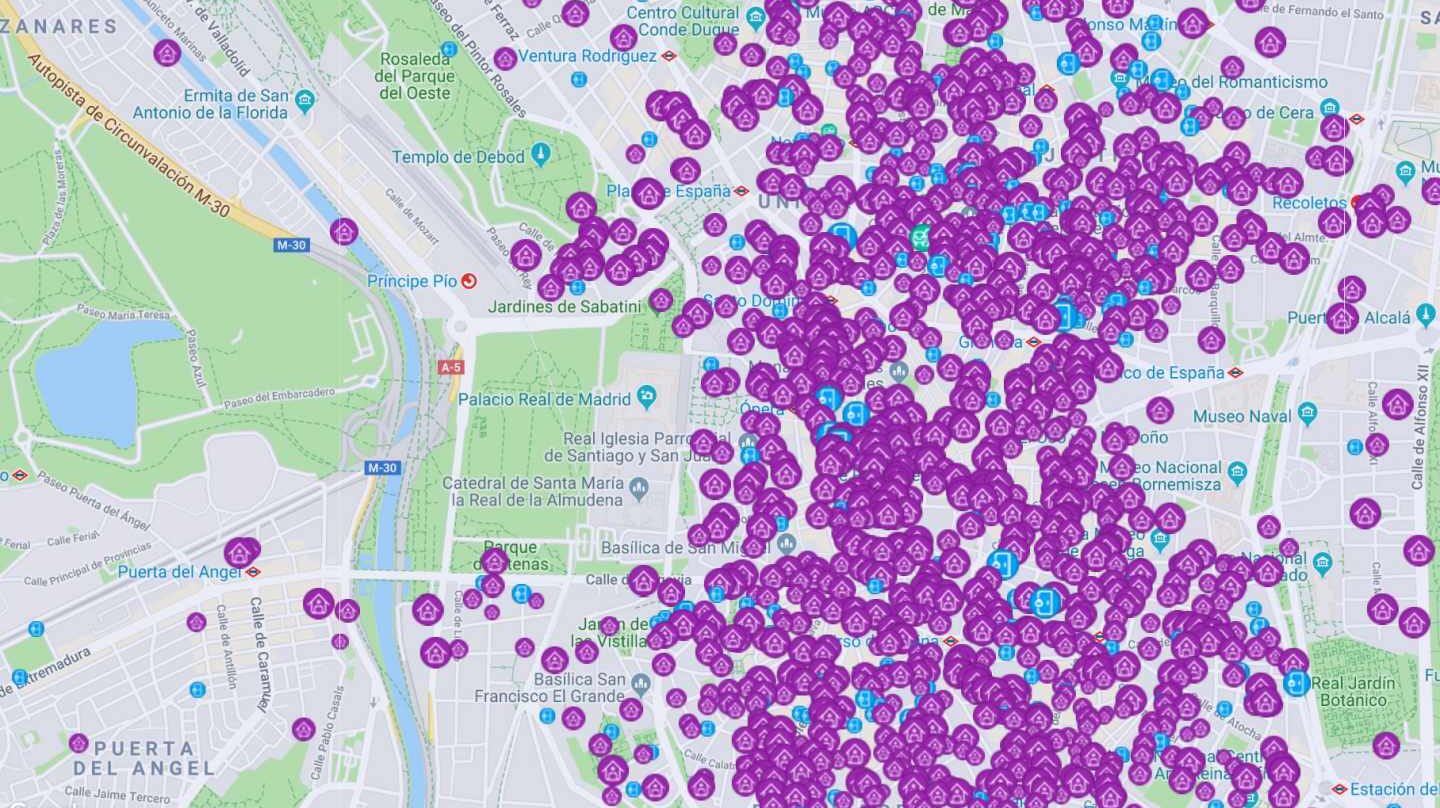 Alojamientos turísticos comercializados en Airbnb en el centro de Madrid.